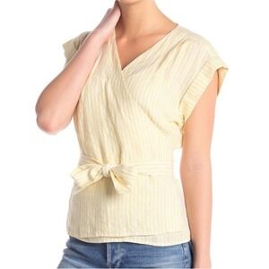FRAME Golden Haze Multi Striped Linen Wrap Top Yellow White Size Small